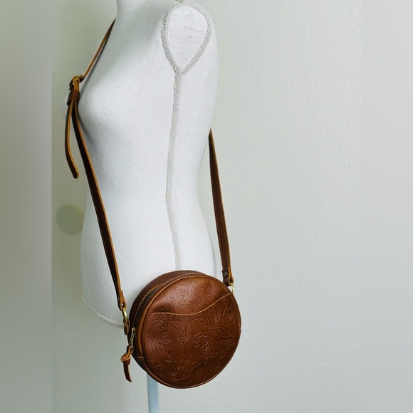 portland leather goods Handbags - Portland Leather Goods Circle Tooled Leather 7” Round Crossbody Bag